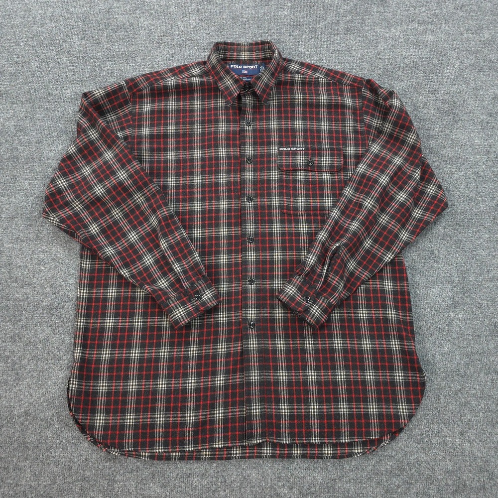Polo Sport Shirt Mens Large Red Plaid Wool‎ Blend Flannel Outdoors Ralph Lauren